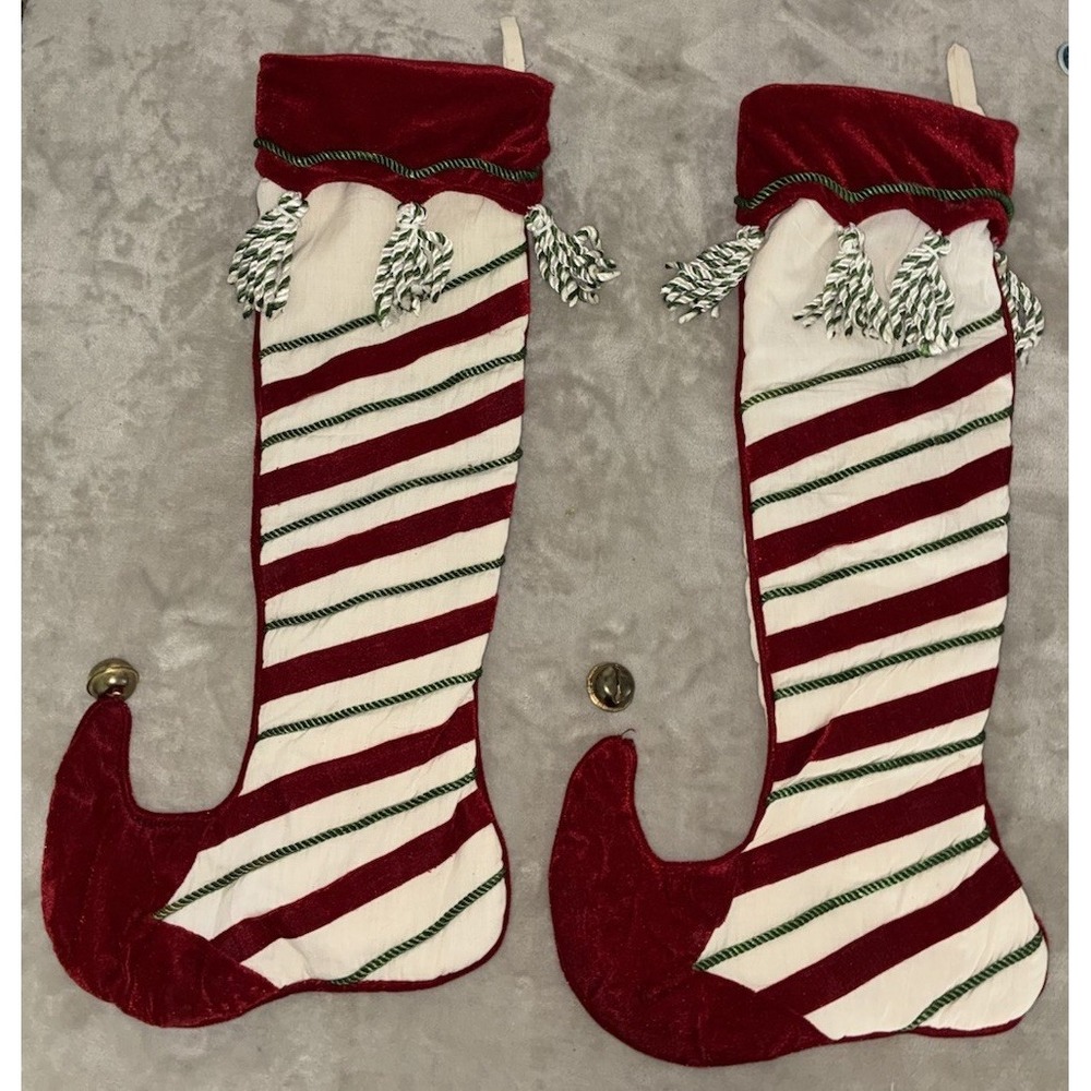 Christmas Stocking White Whimsical Elf Jingle Bells Tassels 2 Pc Vintage *flaws